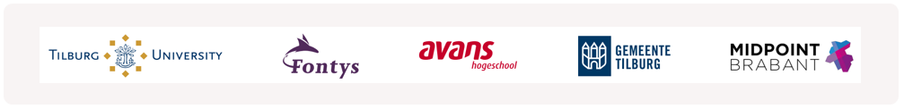 Opsomming logo's van de partners. Van links naar rechts: Tilburg Univerrsity, Fontys, Avans hogeschool, Gemeente Tilburg, Midpoint Brabant.